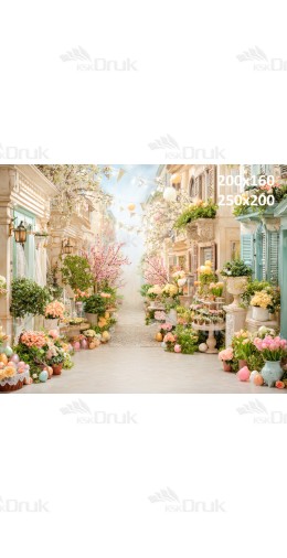 Tło fotograficzne „Romantyczna wiosenna uliczka z kwiatami i pastelową zabudową” | E687